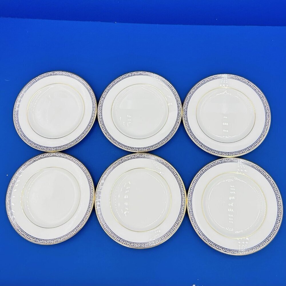 Wedgwood Palatia 6" Bread Butter Plates Bone China Blue/Gold Greek Key Set of 6